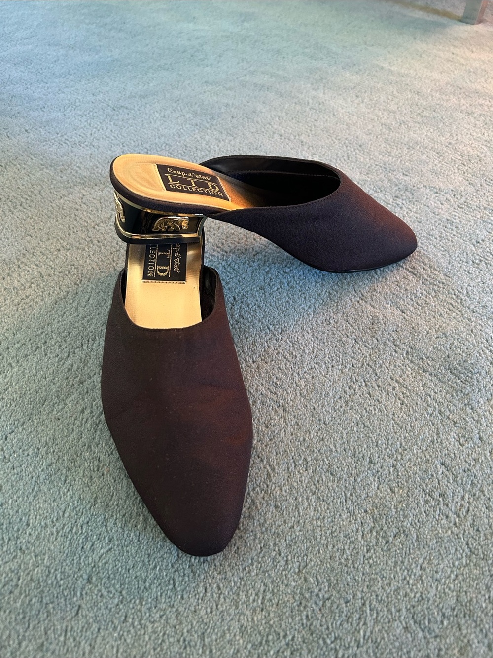 Vintage Black Mule Slides with Decorative Gold Elephant 1.5” Heel - Picture 2 of 5
